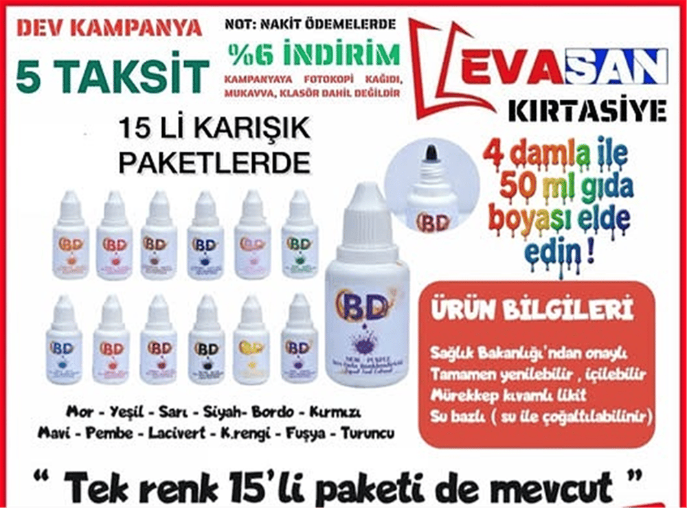 BD LİKİT GIDA BOYASI 20 ML PAKET:15 Lİ