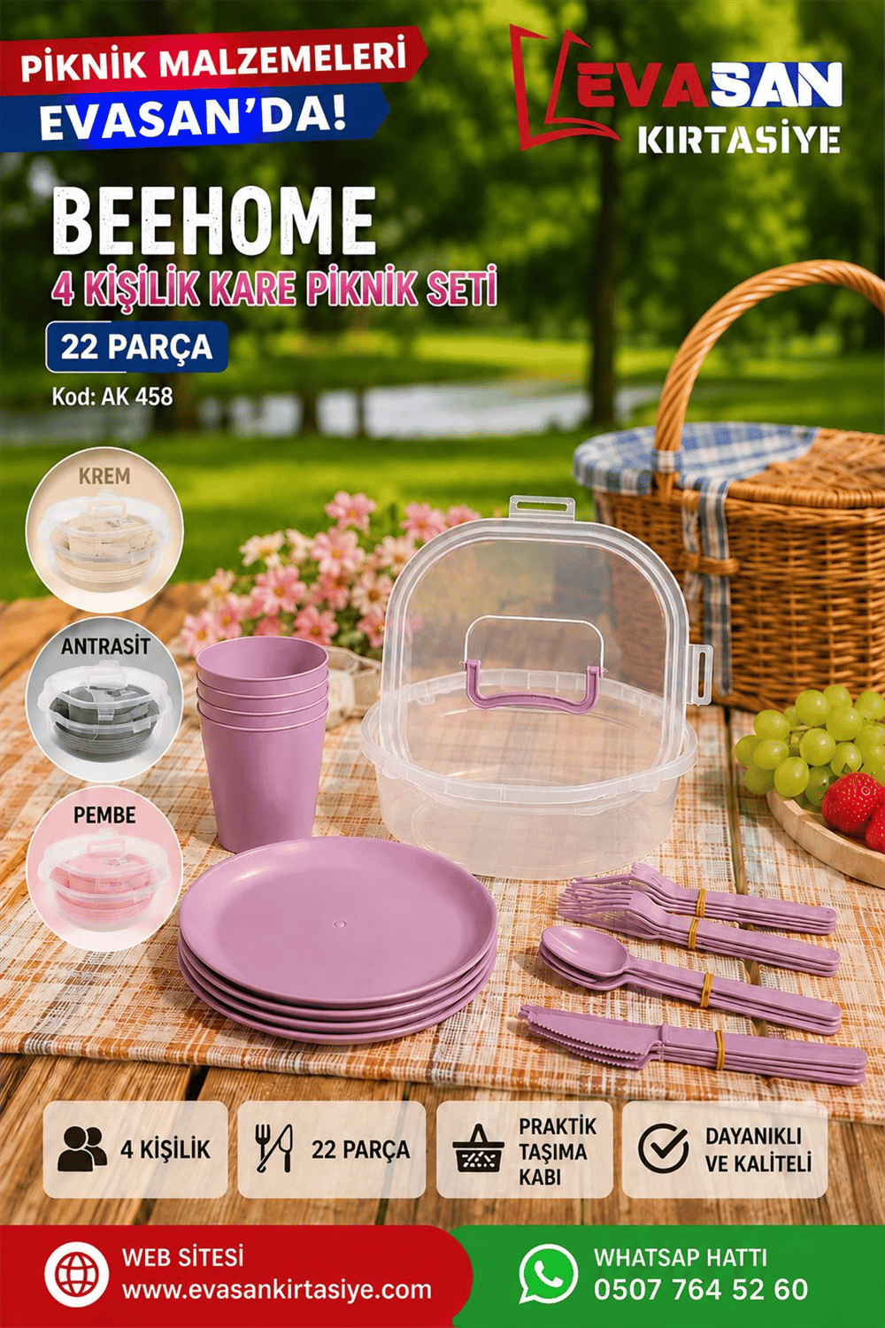 BEEHOME 4 KİŞİLİK KARE PİKNİK SETİ 22 PARÇA AK 458