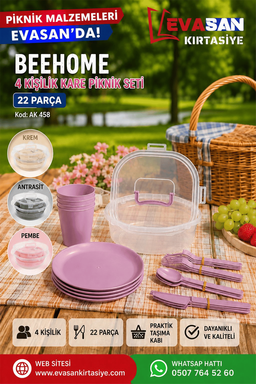 BEEHOME 4 KİŞİLİK KARE PİKNİK SETİ 22 PARÇA AK 458