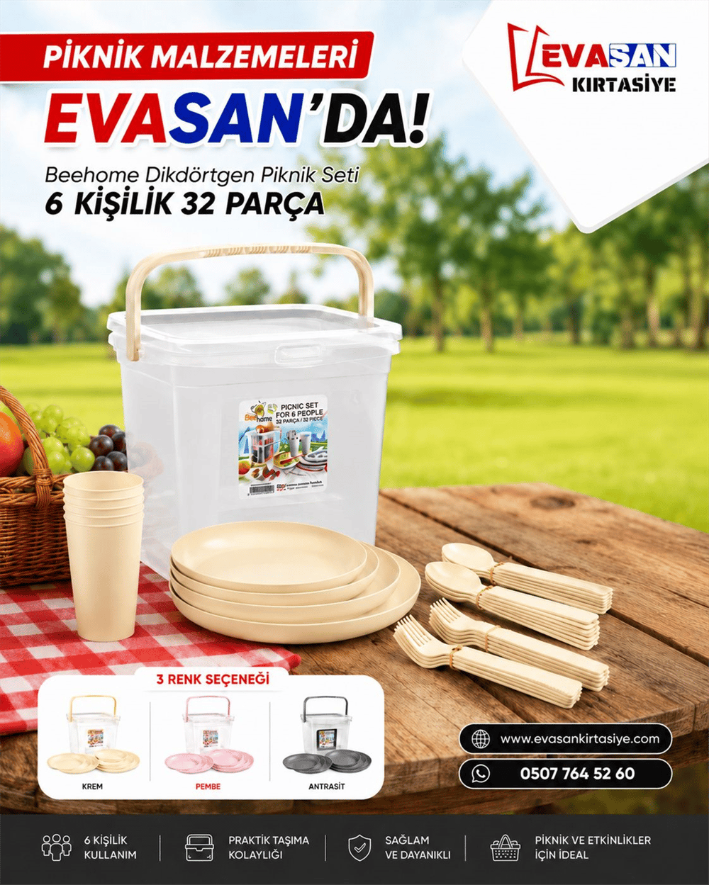 BEEHOME 6 KİŞİLİK DİKDÖRTGEN PİKNİK SETİ 32 PARÇA AK 519