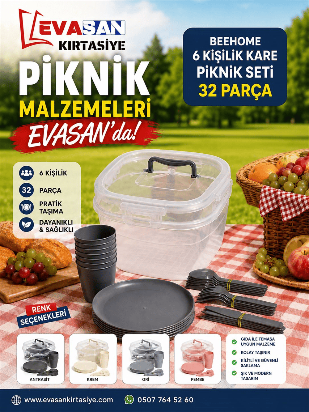 BEEHOME 6 KİŞİLİK KARE PİKNİK SETİ 32 PARÇA AK 579