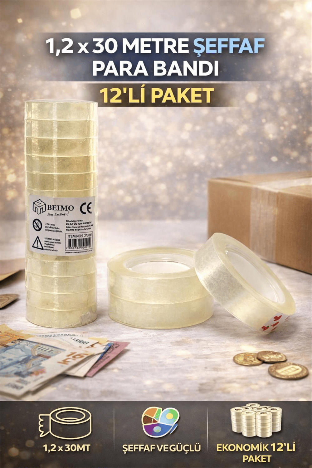 BEİMO 1,2 X 30 METRE ŞEFFAF PARA BANDI PK:12 Lİ