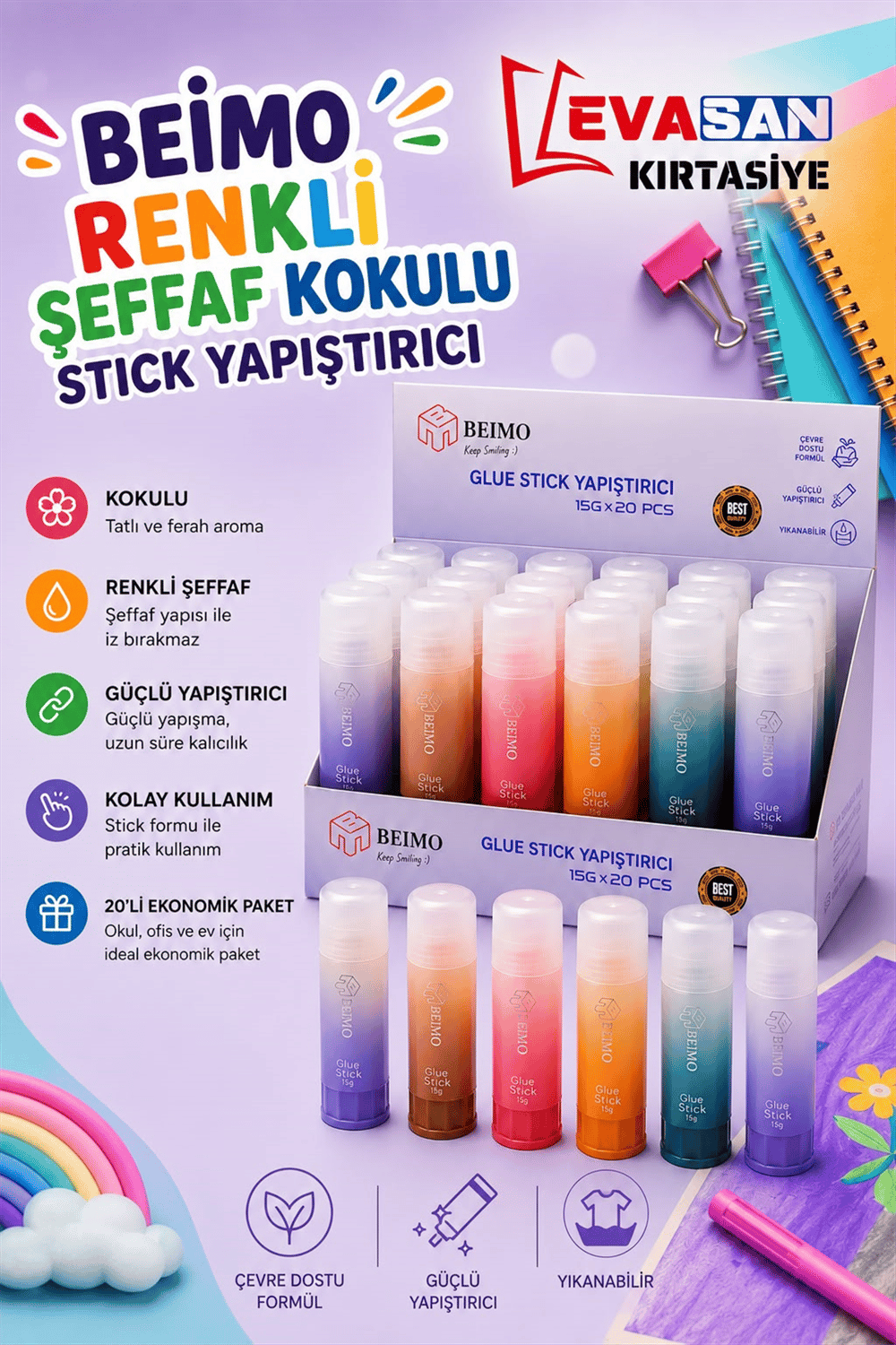 BEİMO 15 GRAM RENKLİ ŞEFFAF KOKULU STİCK YAPIŞTIRICI PK:20 Lİ