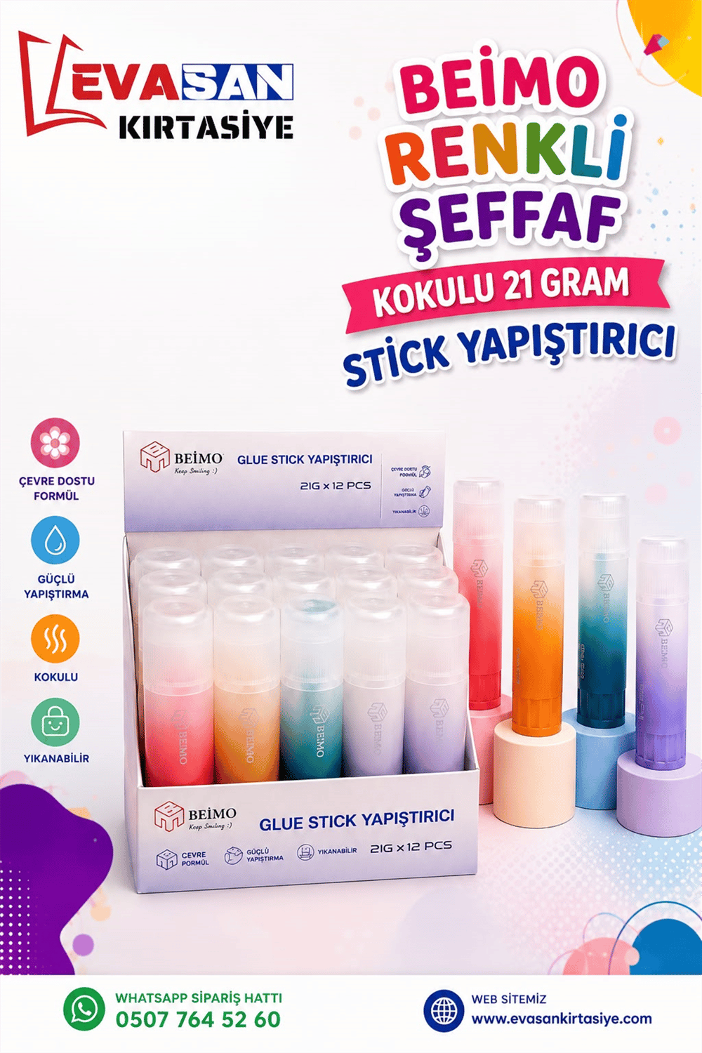 BEİMO 21 GRAM RENKLİ ŞEFFAF STİCK YAPIŞTIRICI PK:12 Lİ