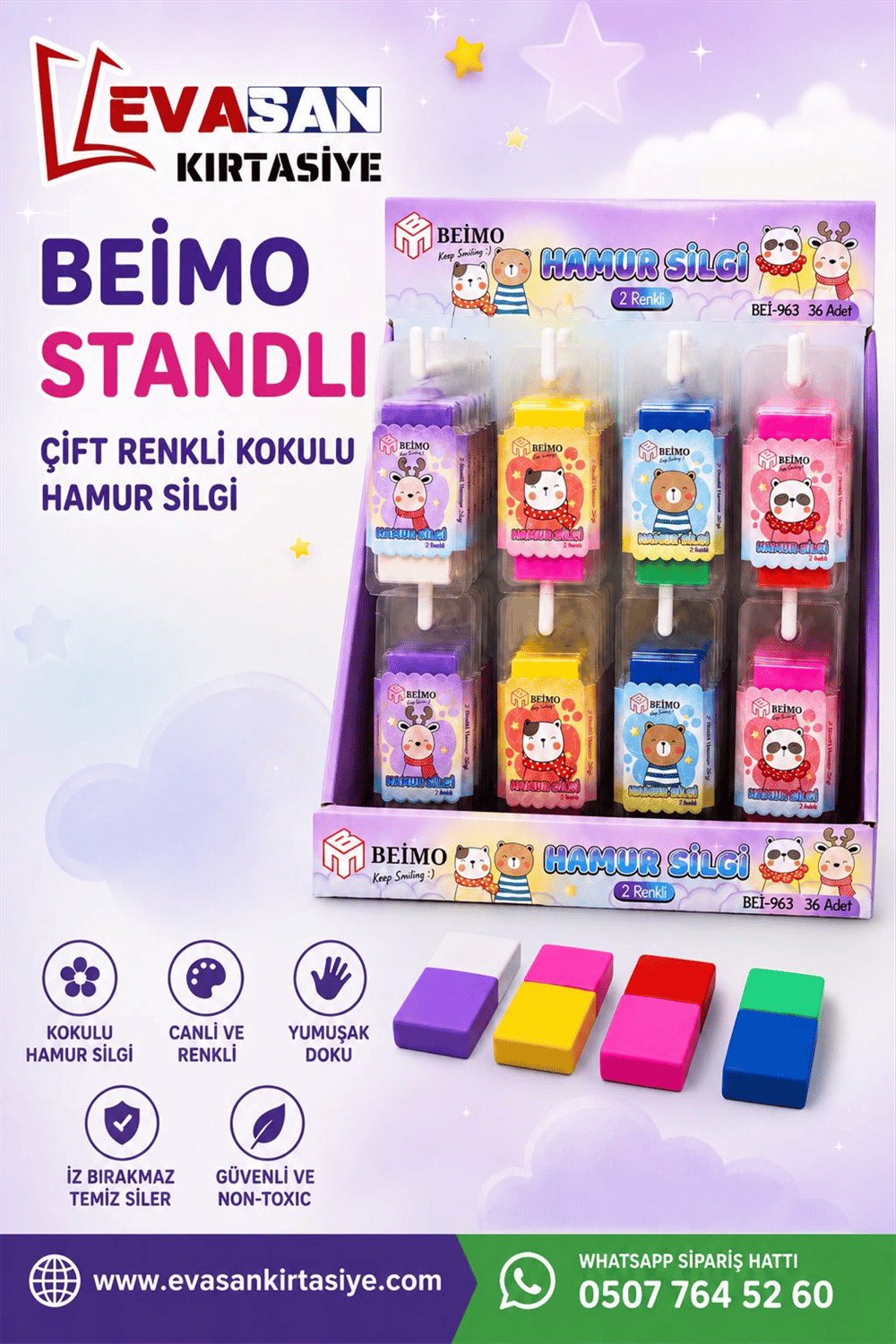 BEİMO BEİ-963 ÇİFT RENKLİ KOKULU HAMUR SİLGİ STAND:56 LI