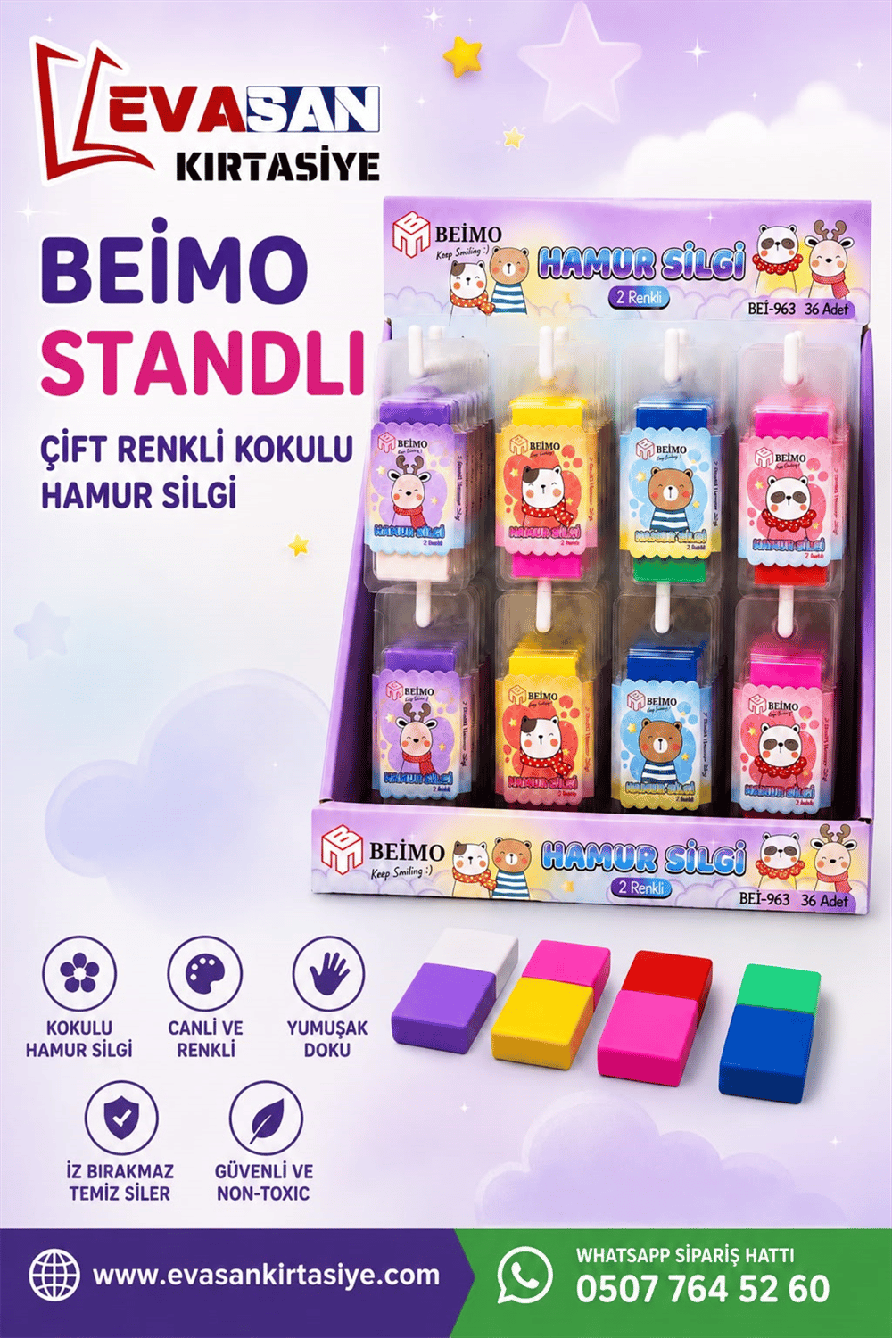 BEİMO BEİ-963 ÇİFT RENKLİ KOKULU HAMUR SİLGİ STAND:36 LI