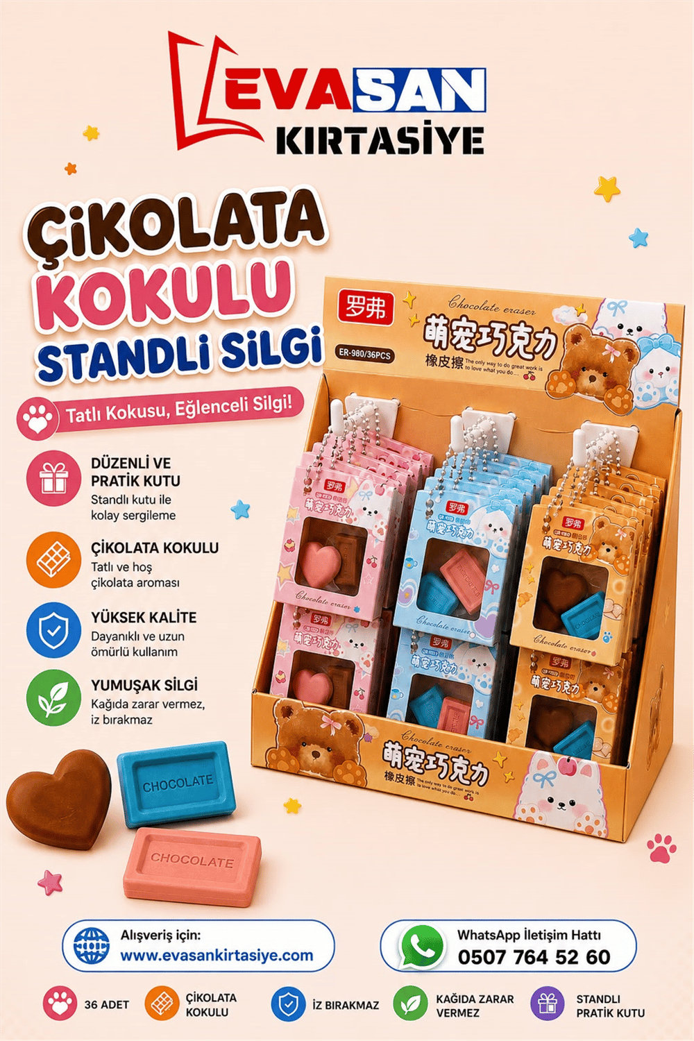 BEİMO ER-980 ÇİKOLATA KOKULU STANDLI SİLGİ PK:36 LI