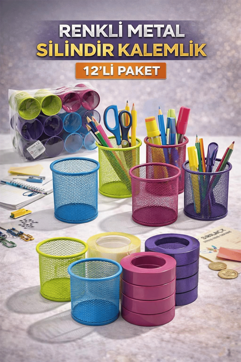 BEİMO RENKLİ METAL SİLİNDİR KALEMLİK PK:12 Lİ
