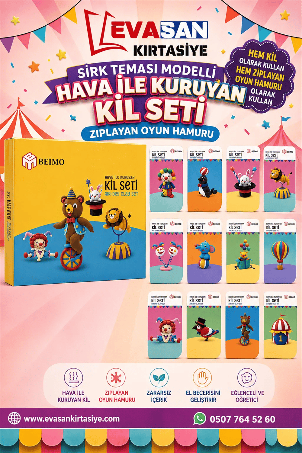 BEİMO SİRK TEMASI HAVA İLE KURUYAN KİL SETİ PK:12 Lİ