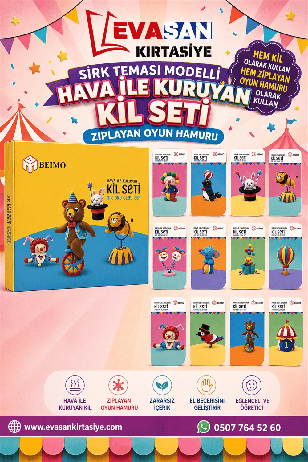 BEİMO SİRK TEMASI HAVA İLE KURUYAN KİL SETİ PK:12 Lİ