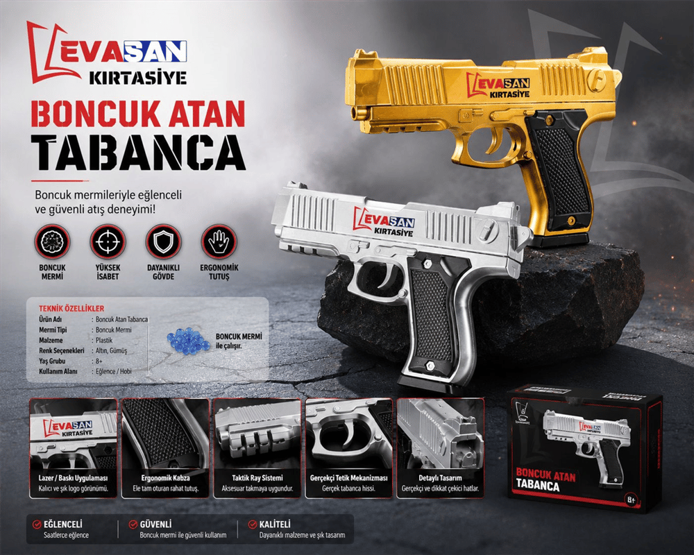 BONCUK ATAN GOLD VE SİLVER TABANCA 21cm x 15cm PK: 12 Lİ