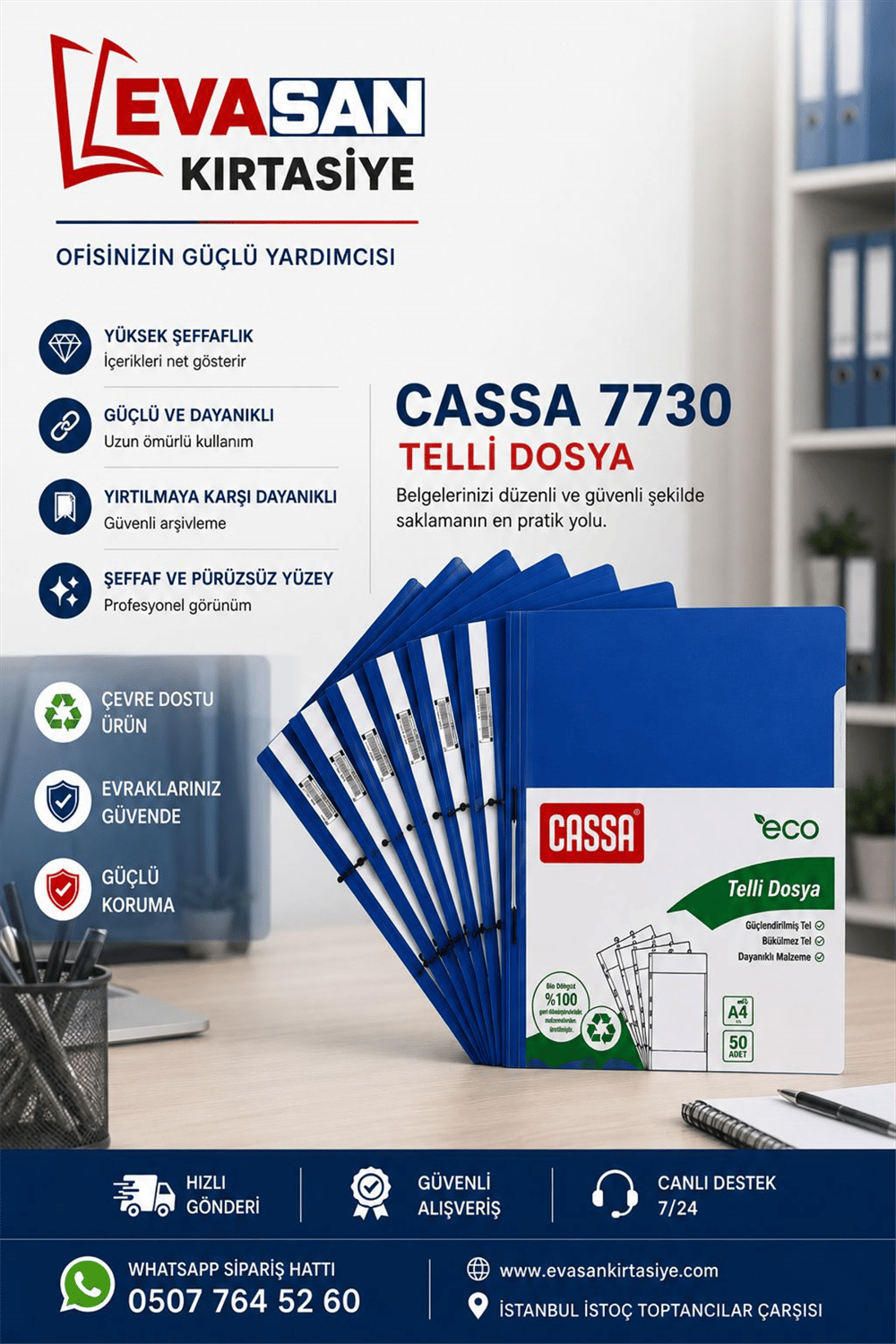 CASSA 7730 TELLİ DOSYA MAVİ PK:50 Lİ *20 