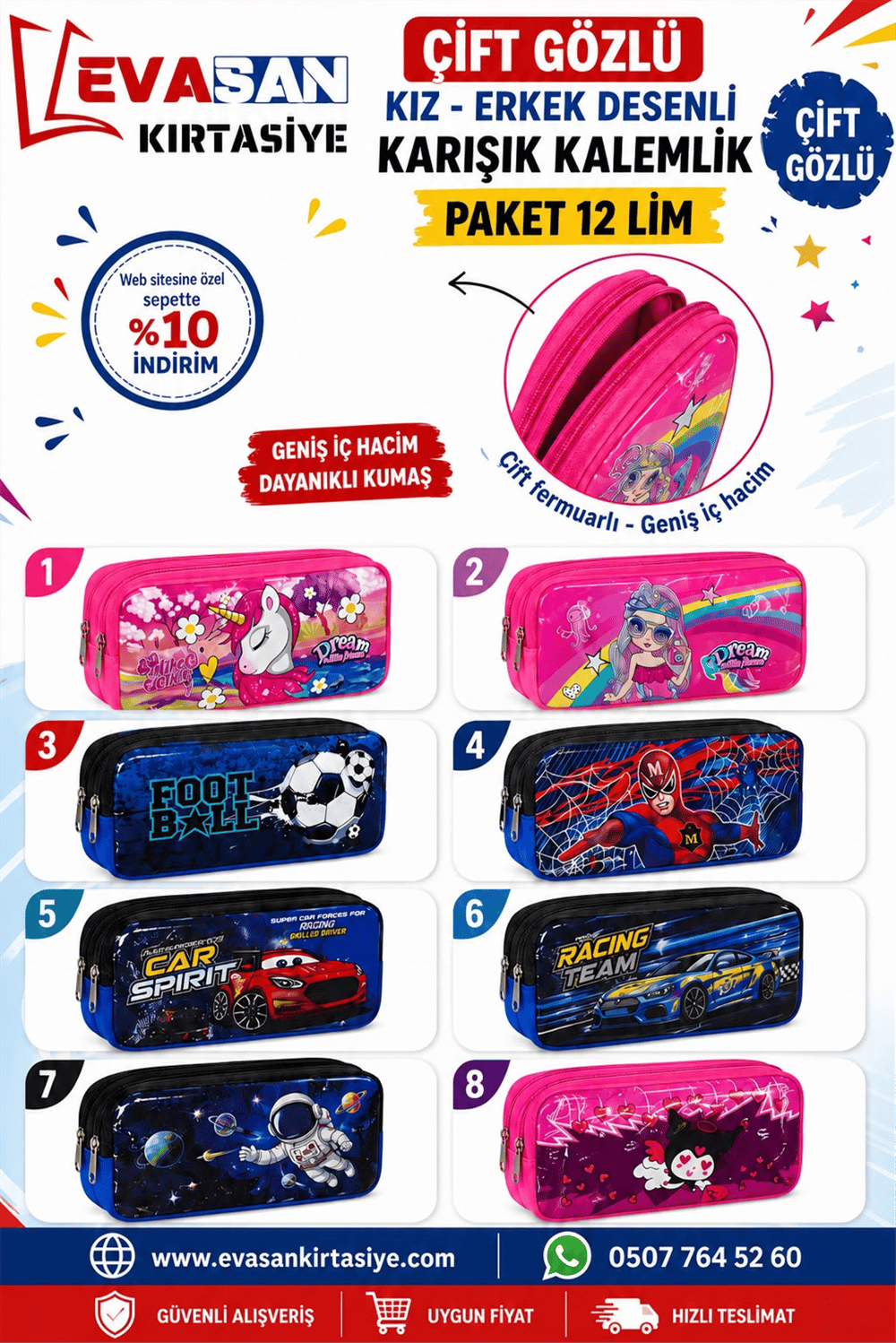 ÇİFT GÖZLÜ KALEMLİK KIZ-ERKEK DESENLİ KARIŞIK PAKET:12 Lİ