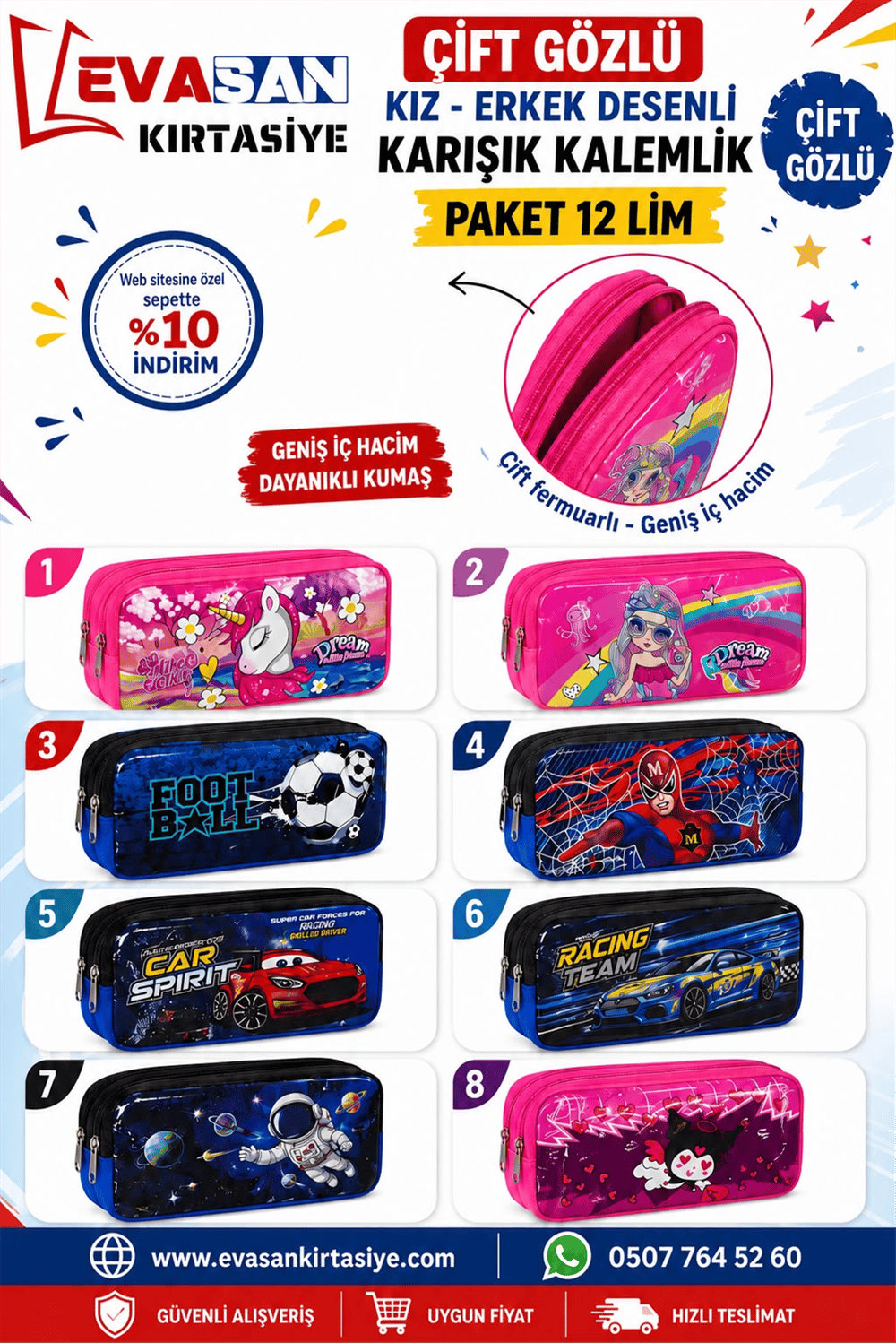 ÇİFT GÖZLÜ KALEMLİK KIZ-ERKEK DESENLİ KARIŞIK PAKET:12 Lİ