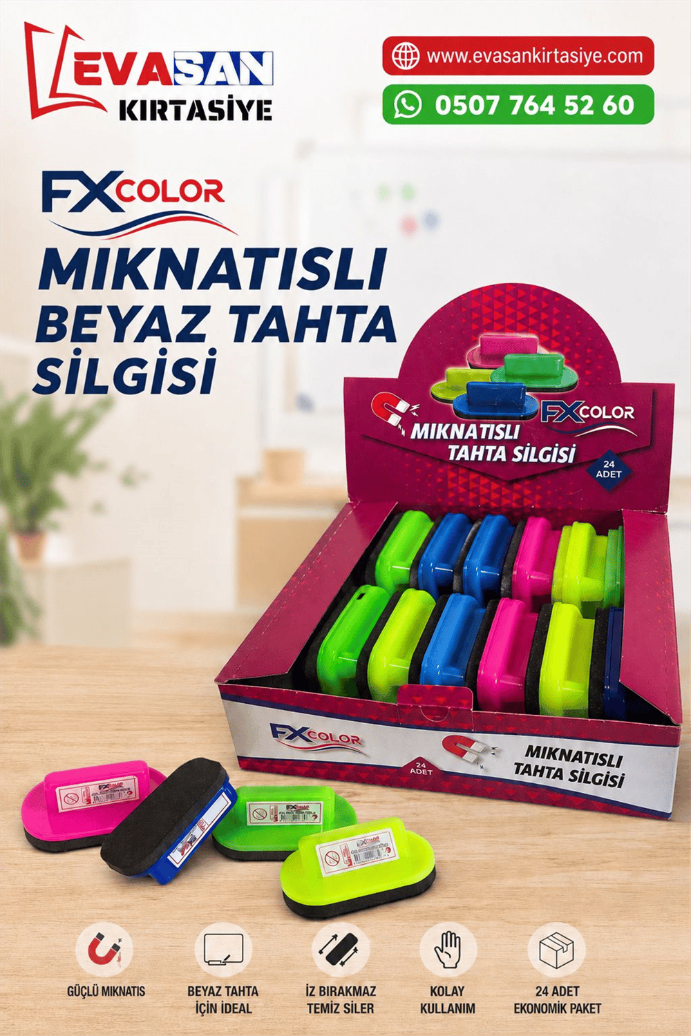 FXCOLOR MIKNATISLI BEYAZ TAHTA SİLGİSİ STAND 24 LÜ