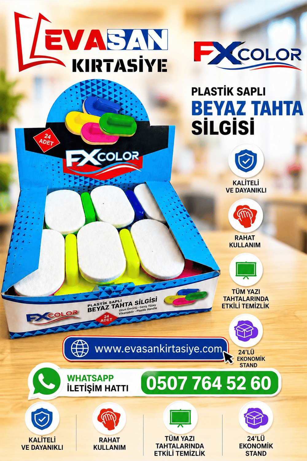 FXCOLOR PLASTİK SAPLI BEYAZ TAHTA SİLGİSİ STAND 24 LÜ 