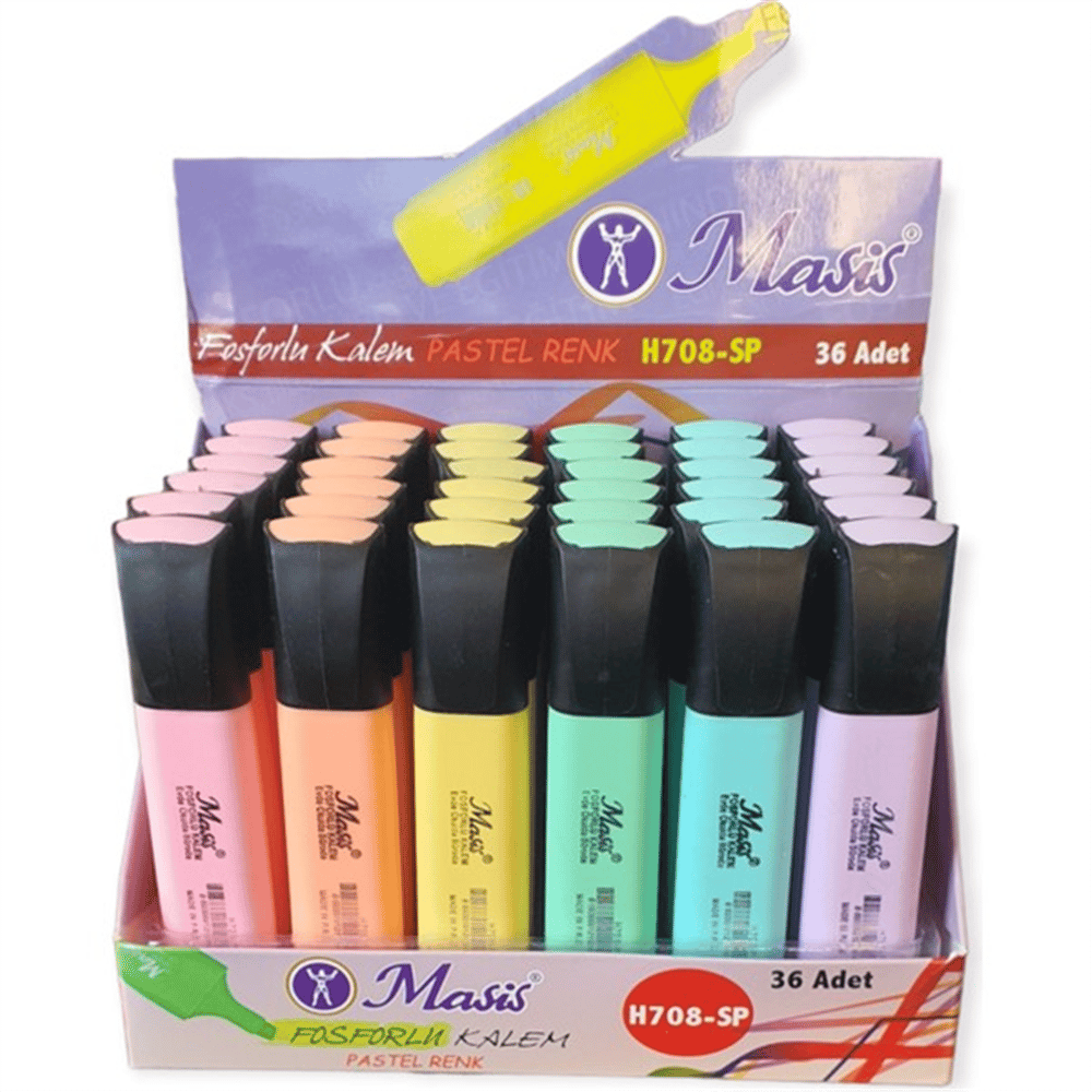 MASİS H708-SP PASTEL RENK FOSFORLU KALEM 36 LI STAND