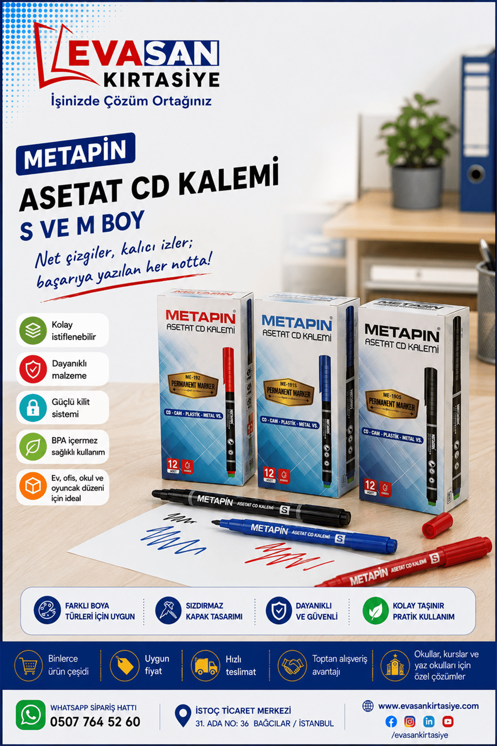 METAPİN 190S SİYAH ASETAT CD  KALEMİ PK:12 Lİ (S)