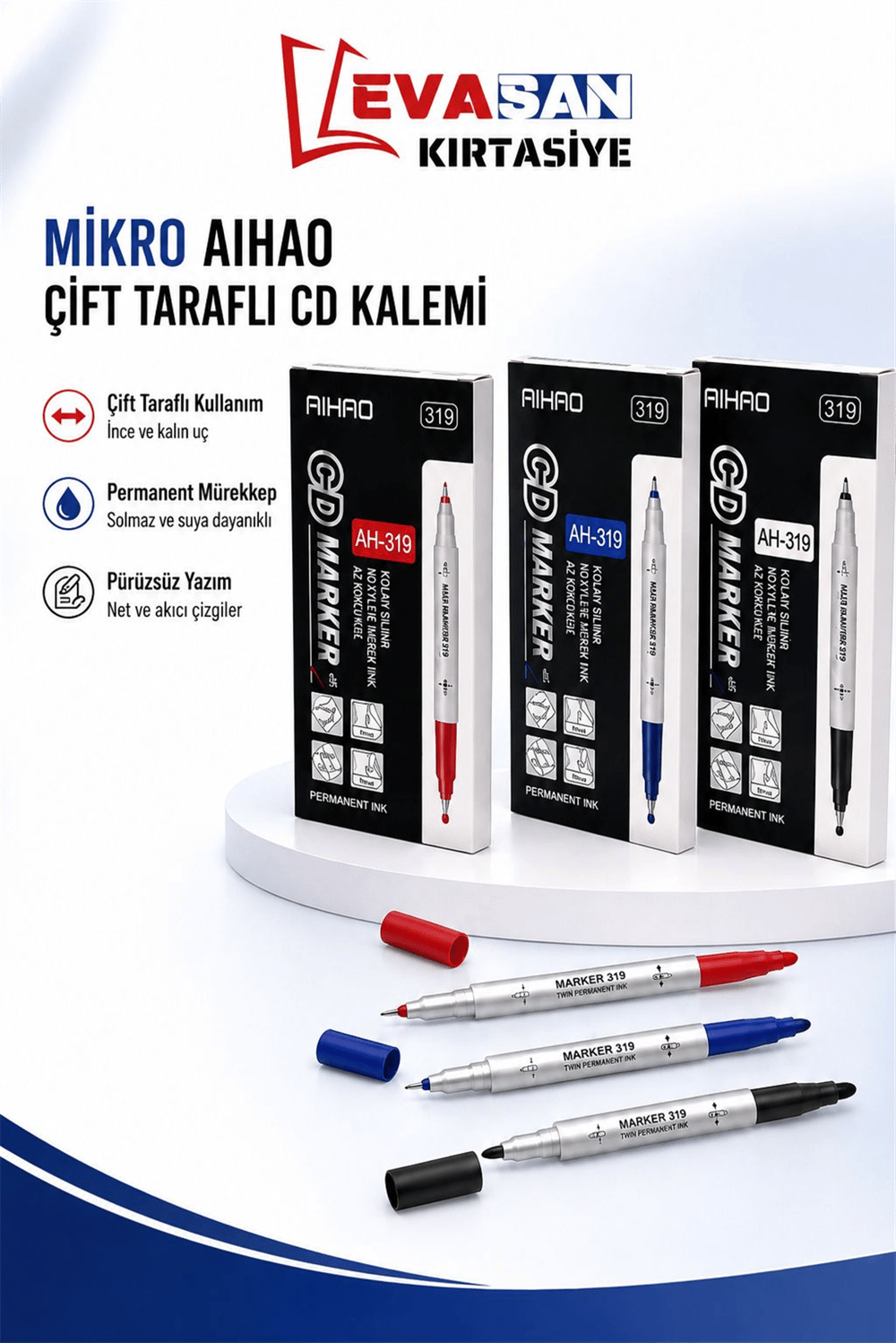 MİKRO AH-319 AIHAO ÇİFT TARAFLI CD KALEMİ MAVİ PK:12 Lİ 