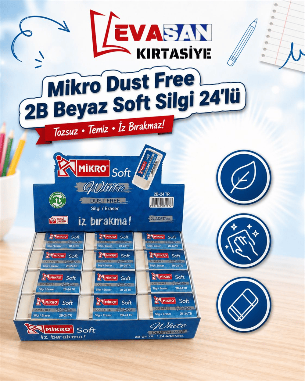 MİKRO DUST FREE 2B BEYAZ SOFT SİLGİ 24 LÜ 