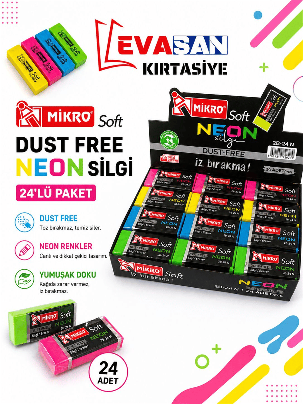 MİKRO DUST FREE NEON SİLGİ 24 LÜ