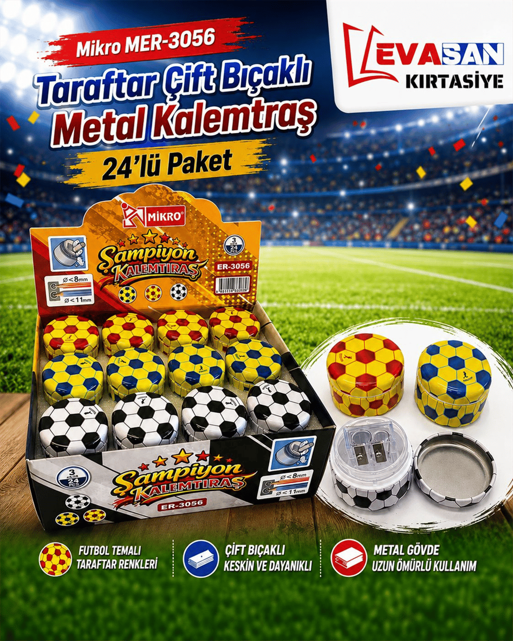 MİKRO ER-3056 TARAFTAR ÇİFT BIÇAKLI METAL KALEMTRAŞ PK:24 Ü 