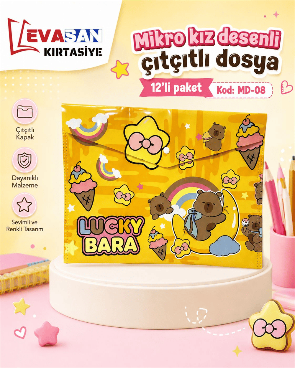 MİKRO MD-08 KIZ DESENLİ ÇITÇITLI DOSYA PK:12 Lİ 