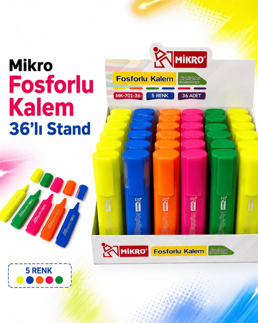 MİKRO MK-701-36 FOSFORLU KALEM 36 LI STAND 5 RENK 