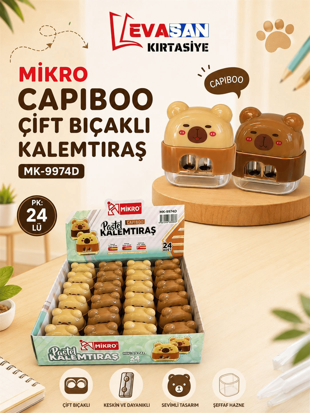 MİKRO MK-9974D CAPİBOO ÇİFT BIÇAKLI KALEMTRAŞ PK:24 LÜ