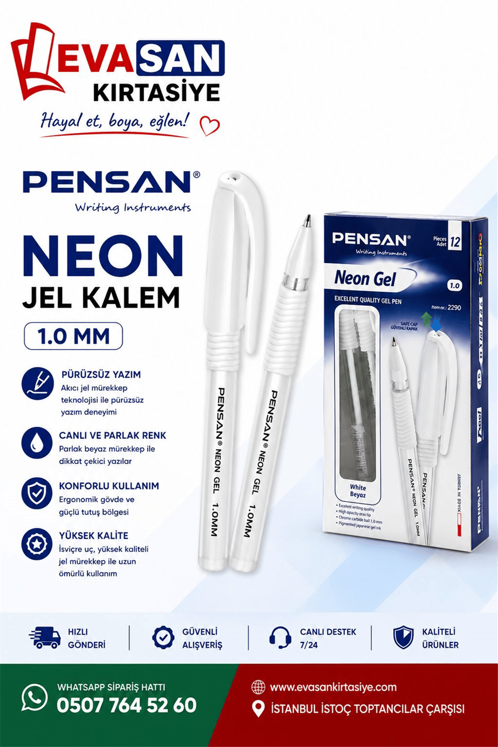 PENSAN 2290 NEON JEL BEYAZ KALEM 12 Lİ