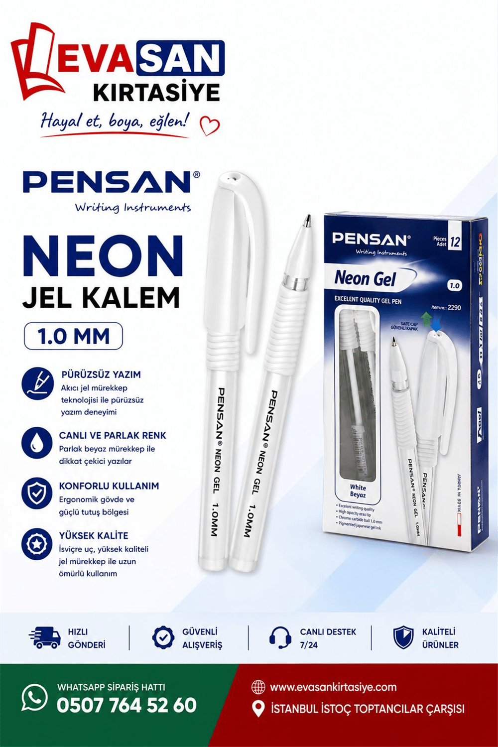 PENSAN 2290 NEON JEL BEYAZ KALEM 12 Lİ