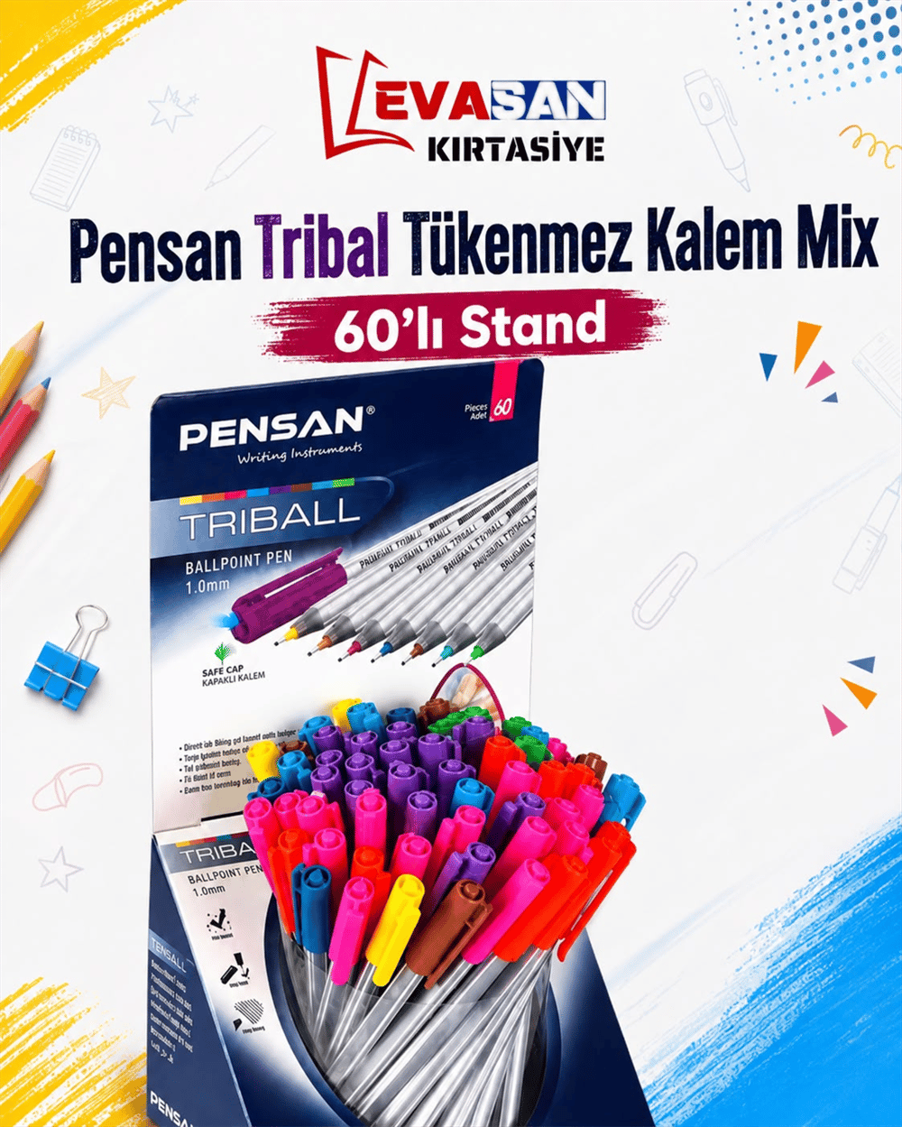 PENSAN TRİBAL RENKLİ TÜKENMEZ KALEM 60 LI 1003