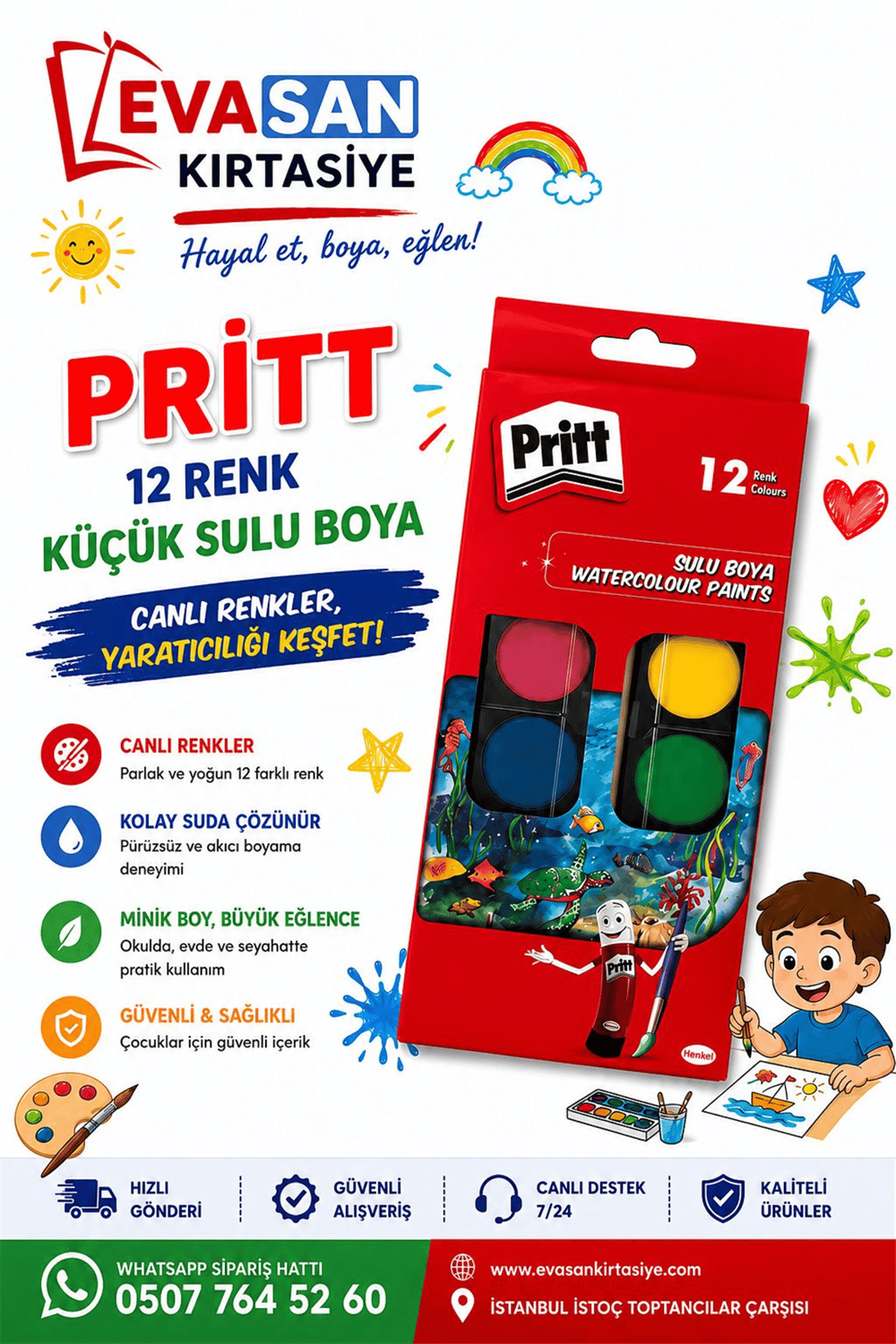 PRİTT 12 RENK KÜÇÜK SULU BOYA PK:12 Lİ