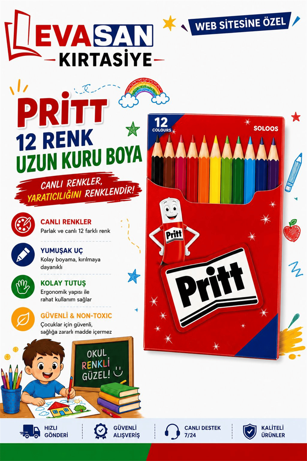 PRİTT 12 RENK UZUN KURU BOYA PK:12 Lİ
