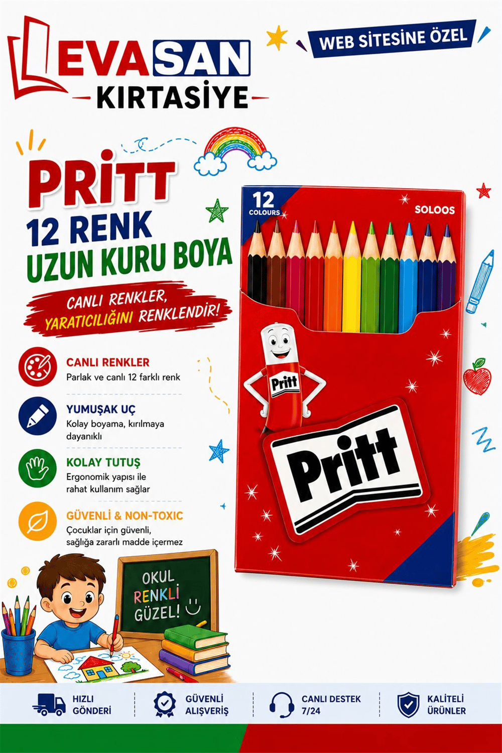 PRİTT 12 RENK UZUN KURU BOYA PK:12 Lİ