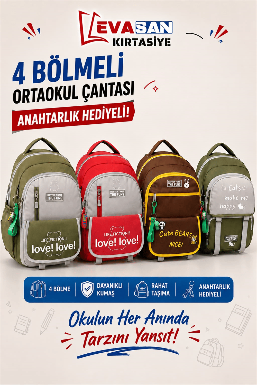 RBS 4 BÖLMELİ ORTAOKUL ÇANTASI (ANAHTARLIK HEDİYELİ)