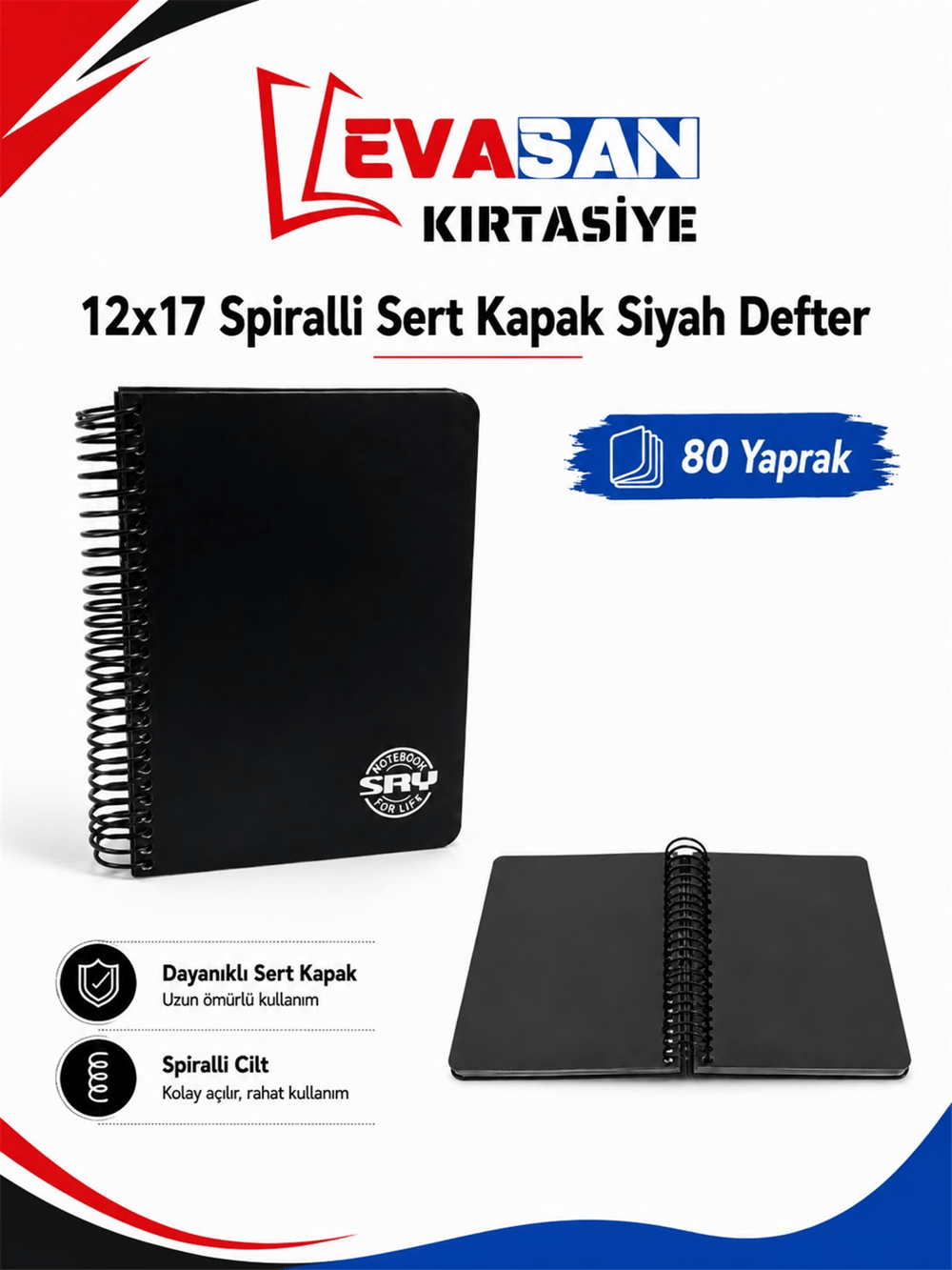 SİYAH DEFTER 12X17 SPR. SERT KAP. 80 YAPRAK *24