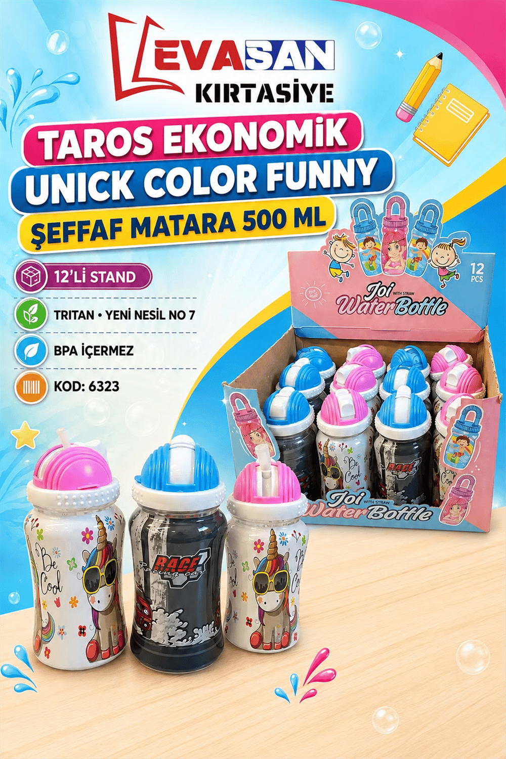 TAROS 6323 EKONOMİK ŞEFFAF MATARA 500 ML STAND 12 Lİ 