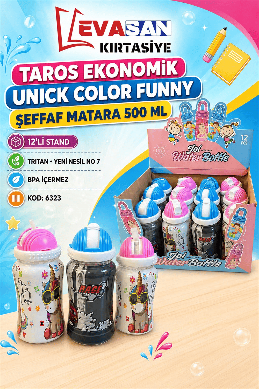 TAROS 6323 EKONOMİK ŞEFFAF MATARA 500 ML STAND 12 Lİ 