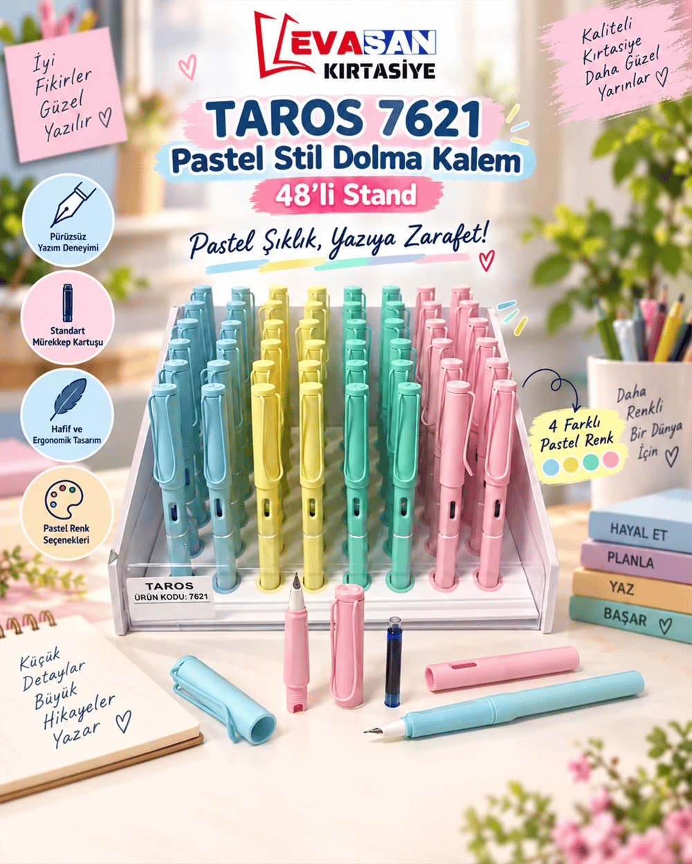 TAROS 7621 PASTEL STİL DOLMA KALEMİ 48 Lİ STAND