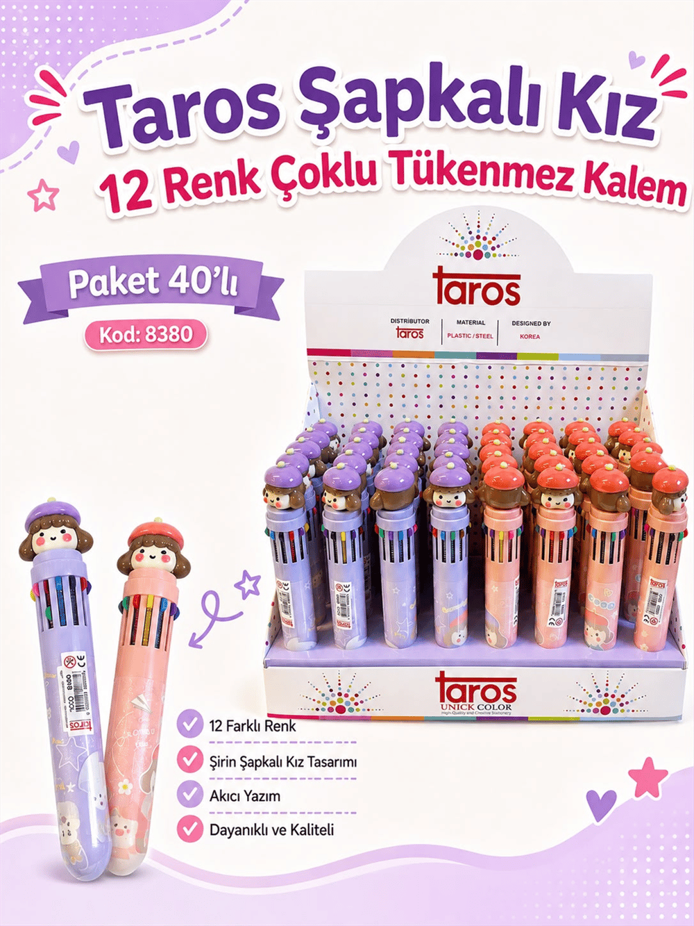 TAROS 8380 ŞAPKALI KIZ 12 RENK ÇOKLU TÜKENMEZ KALEM PK:40 LI 