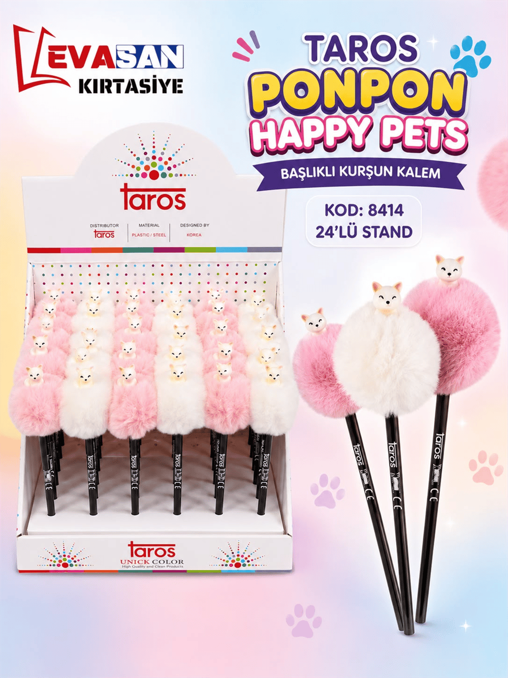 TAROS 8414 PONPON HAPPY PETS BAŞLIKLI KURŞUN KALEM 24 LÜ STAND 