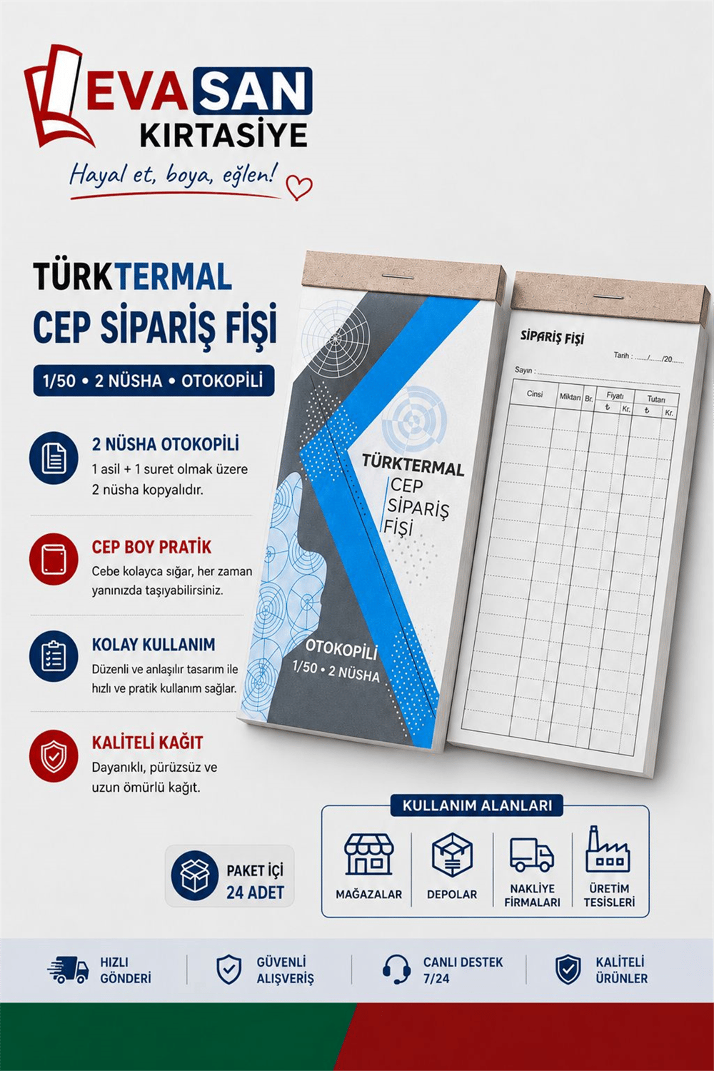 TÜRKTERMAL CEP SİPARİŞ FİŞİ 1/50 OTOKOPİLİ 2 NÜSHA PK:24 LÜ