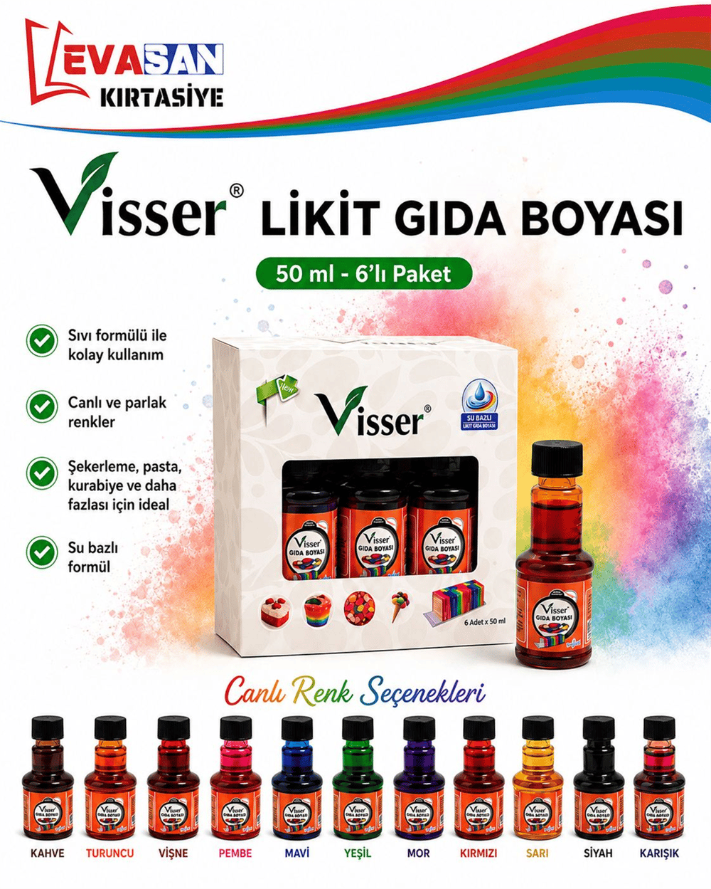 VİSSER 50 ML SİYAH LİKİT GIDA BOYASI PK:6 LI