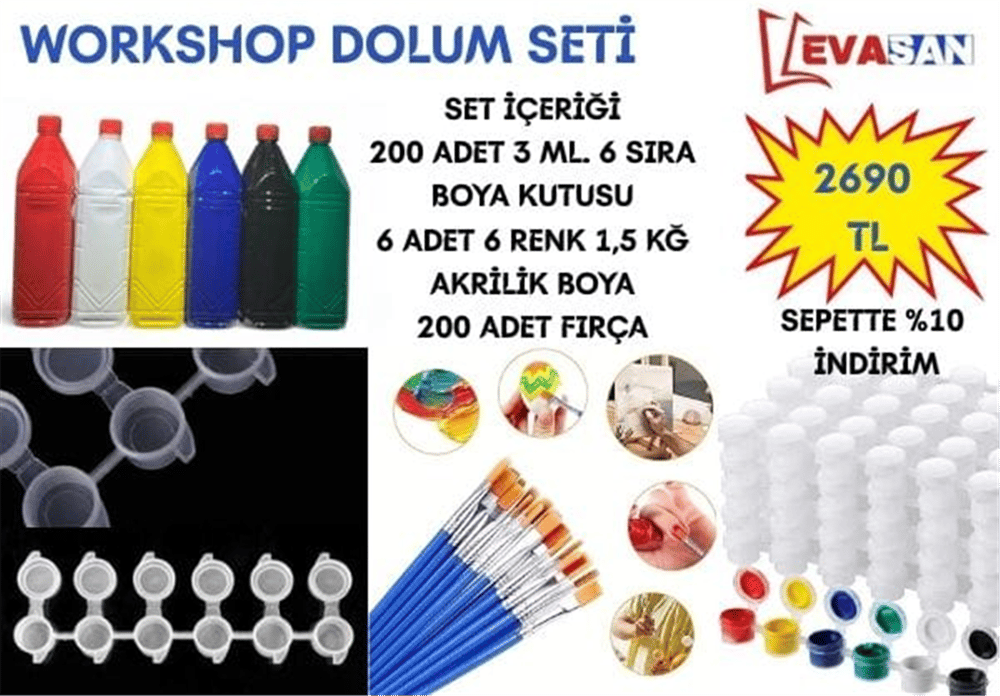 WORKSHOP DOLUM SETİ 200 FIRÇA+200 6 LI TÜP 6 ADET 1,3 KĞ BOYA