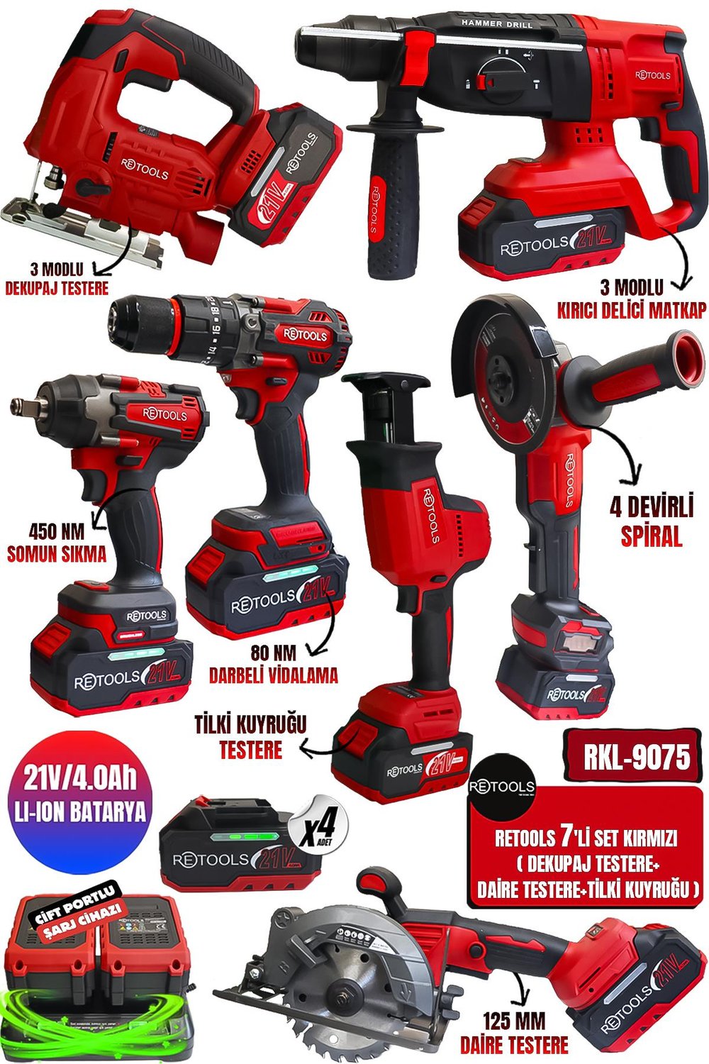 RETOOLS 7'Lİ SET KIRMIZI ( DEKUPAJ+DAİRE TESTERE+TİLKİ KUYRUĞU)