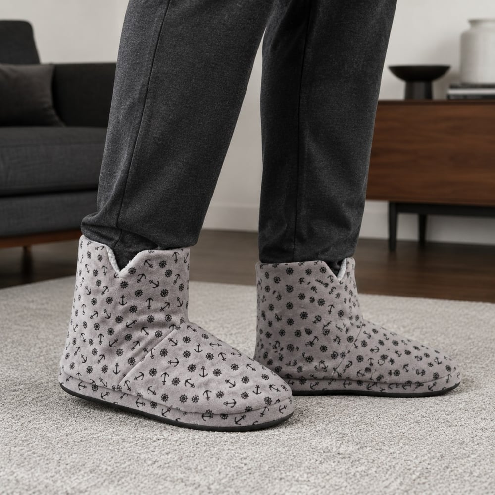 RIVA Shoes Erkek Gri Çapa Desenli Peluş Ev Botu Yumuşak Astarlı Kışlık Panduf Ev Botu