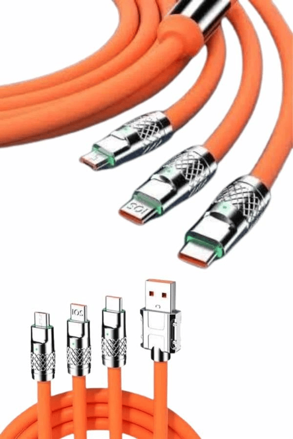 120W Silikon Metal Uçlu LED Işıklı 3 In1 Şarj Kablosu 1.2m
