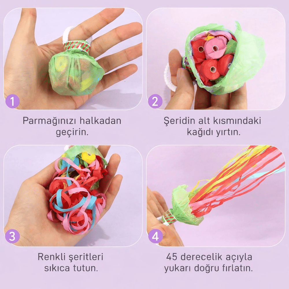 30 Şeritli Renkli Elle Atılan Konfeti – 5 Metre Uzayan Şerit Konfeti 1 Adet