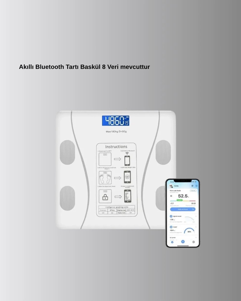 Akıllı Dijital Baskül – Bluetooth Bağlantılı, 8 Ölçüm Verili, Akıllı Vücut Analiz Tartısı